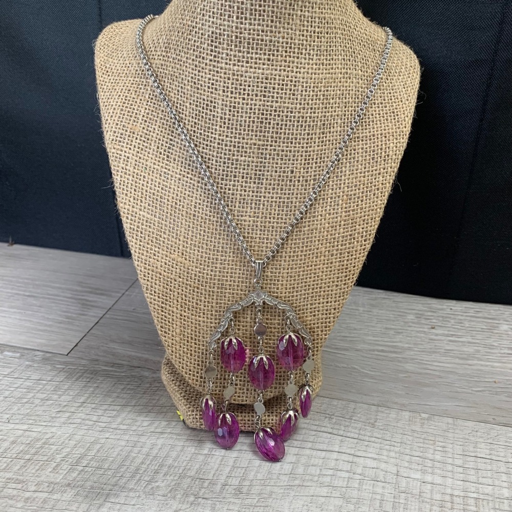 Vintage Silver Tone Purple Chandelier Pendant Necklace 24 Inch Chain Statement
